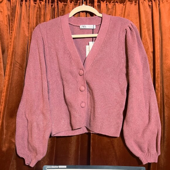Zara Dark Rose Pink Mauve Knit Puff Shoulder Sleeves Button Up V Neck Cardigan L - Picture 7 of 7